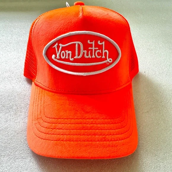 Von Dutch Neon Orange Velvet Trucker Hat - Picture 3 of 9